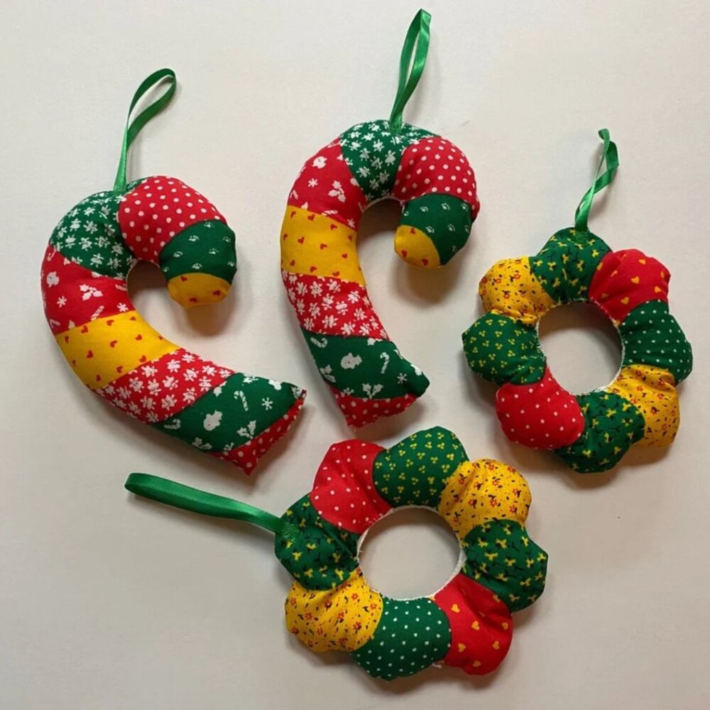 Cut n Sew Patchwork Christmas Ornaments Fabric Wreaths and Candycanes